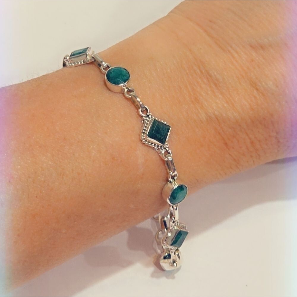 Faceted Emerald 925 Sterling Silver Bracelet